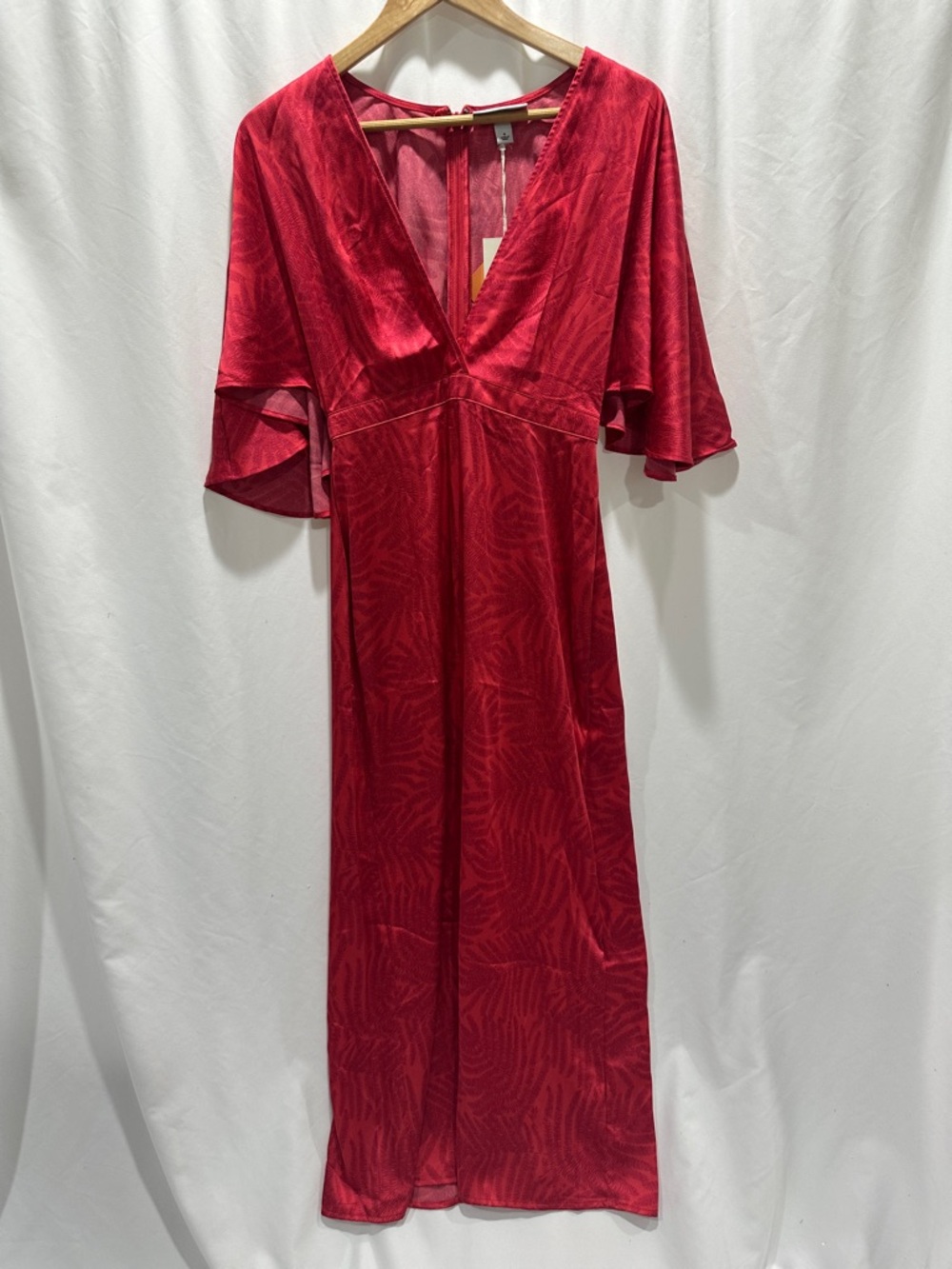 Fe Noel Target Red Satin Midi Dress Palm Print Flutter Sleeve V Neck Size 4 NEW